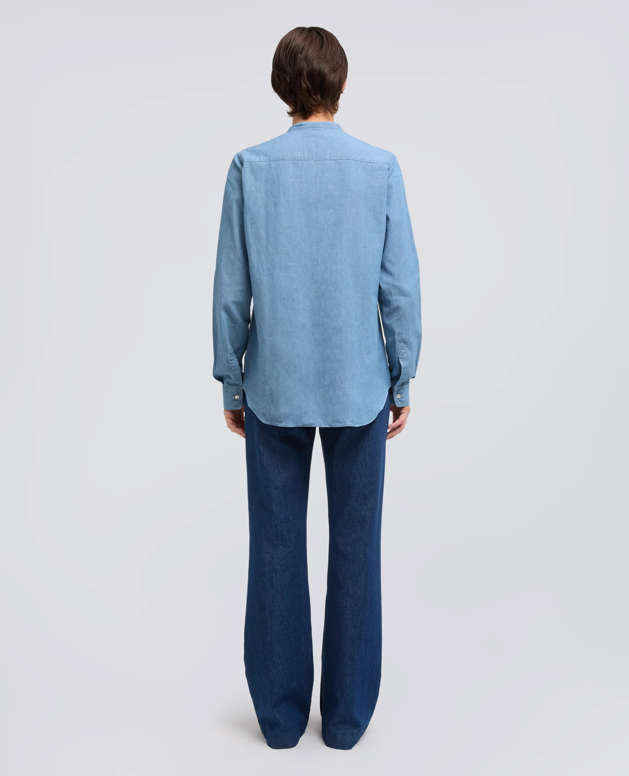 CAMICIA IN CHAMBRAY COTONE GIAPPONESE CON COLLO ALLA COREANA - DENIM CHIARO - Image 3