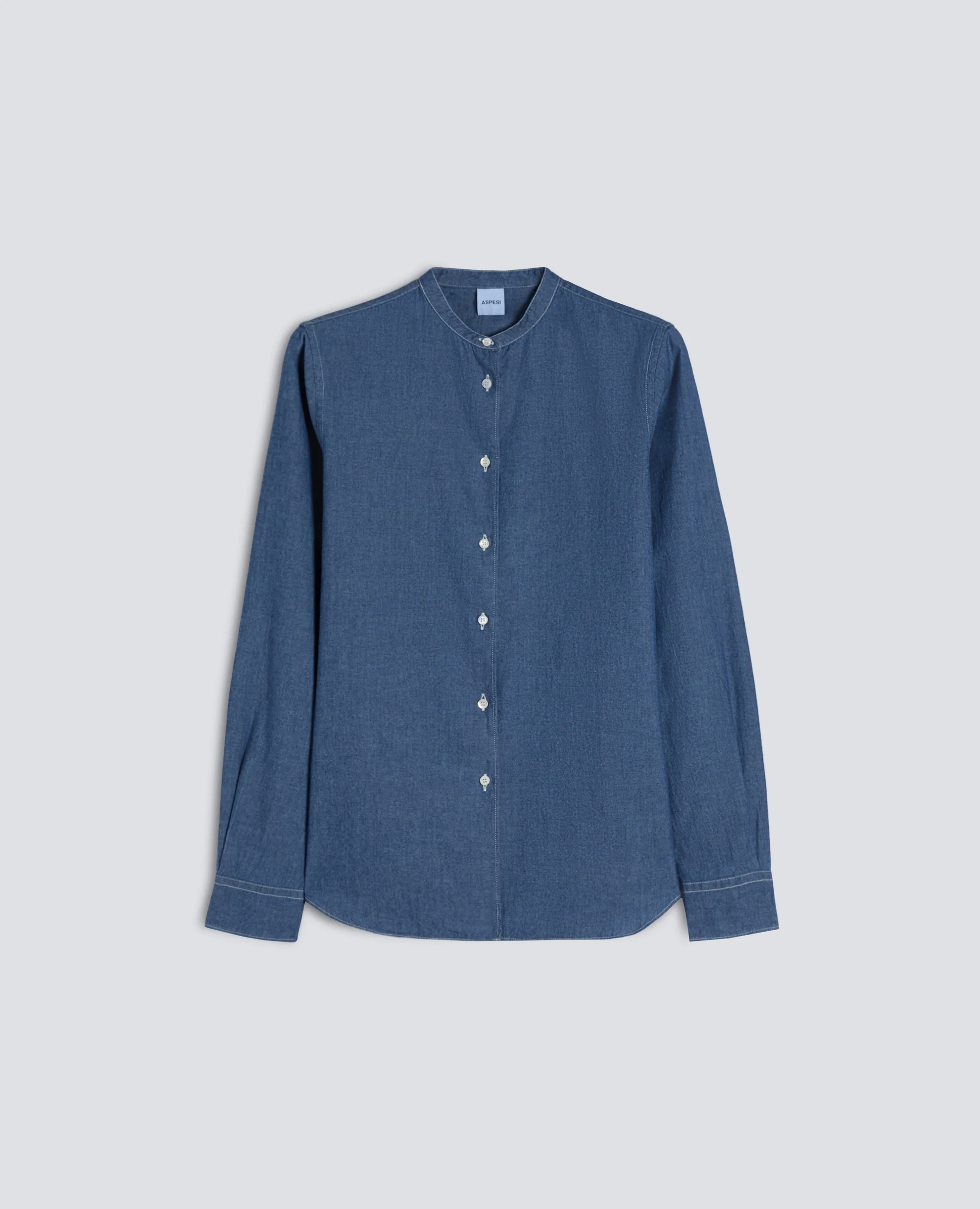 CAMICIA IN CHAMBRAY DI COTONE GIAPPONESE CON COLLO ALLA COREANA - DENIM MEDIO