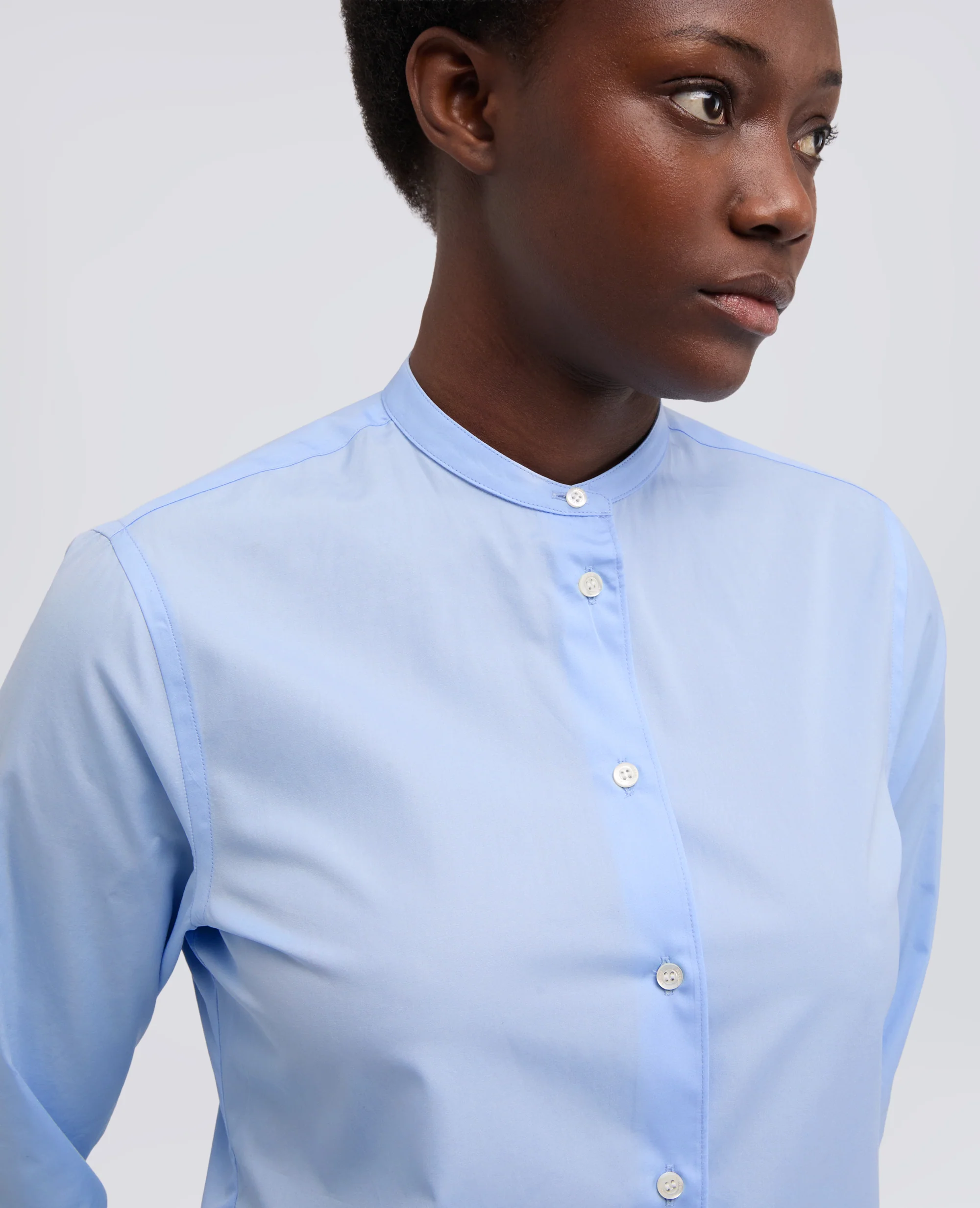 CAMICIA IN POPELINE DI COTONE CON COLLO ALLA COREANA - AZZURRO - Image 4
