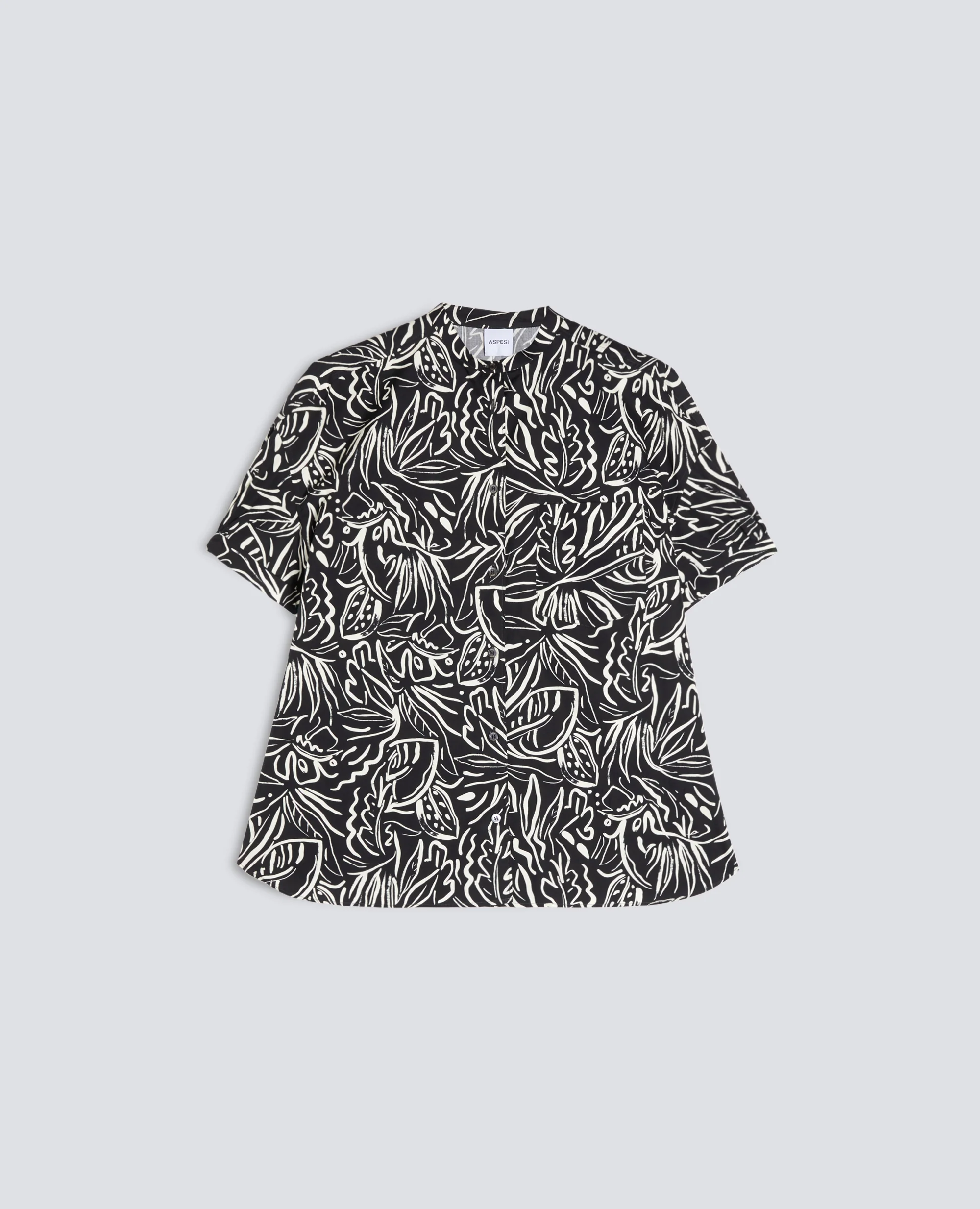 CAMICIA IN POPELINE DI COTONE CON COLLO ALLA COREANA - STAMPA NERA