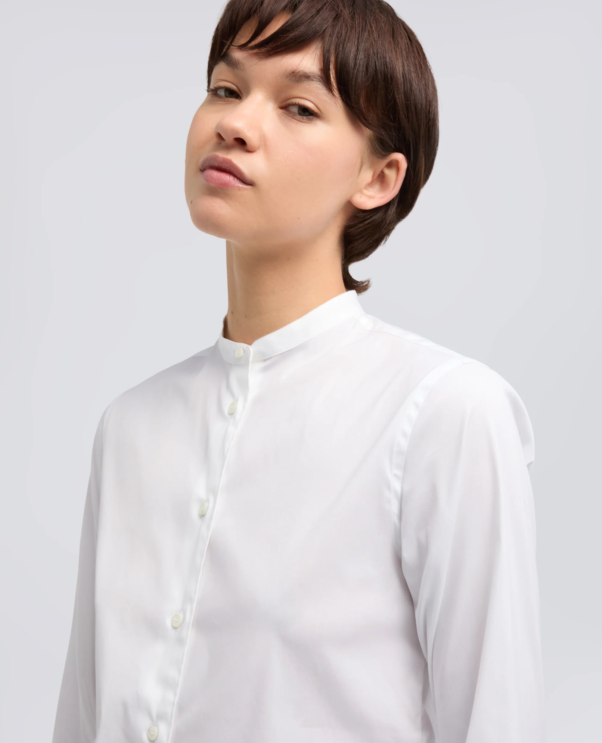 CAMICIA IN POPELINE DI COTONE STRETCH CON COLLO ALLA COREANA - BIANCO - Image 4
