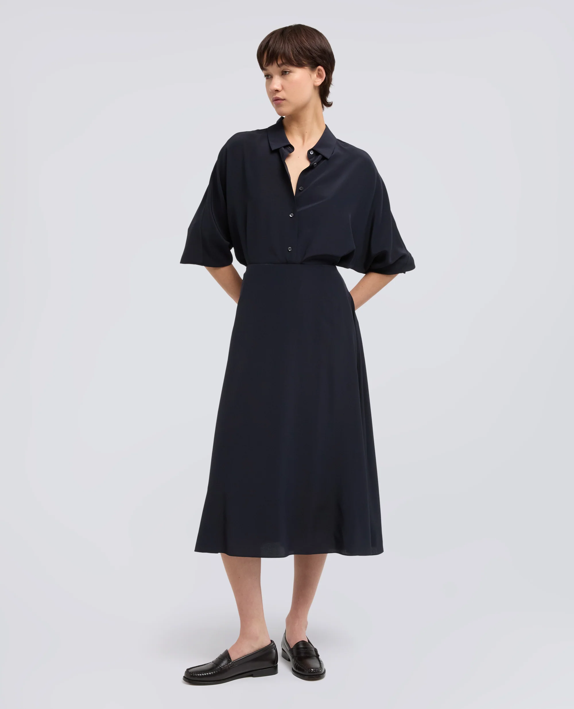 GONNA LUNGA IN CREPE DE CHINE DI SETA - NAVY - Image 2