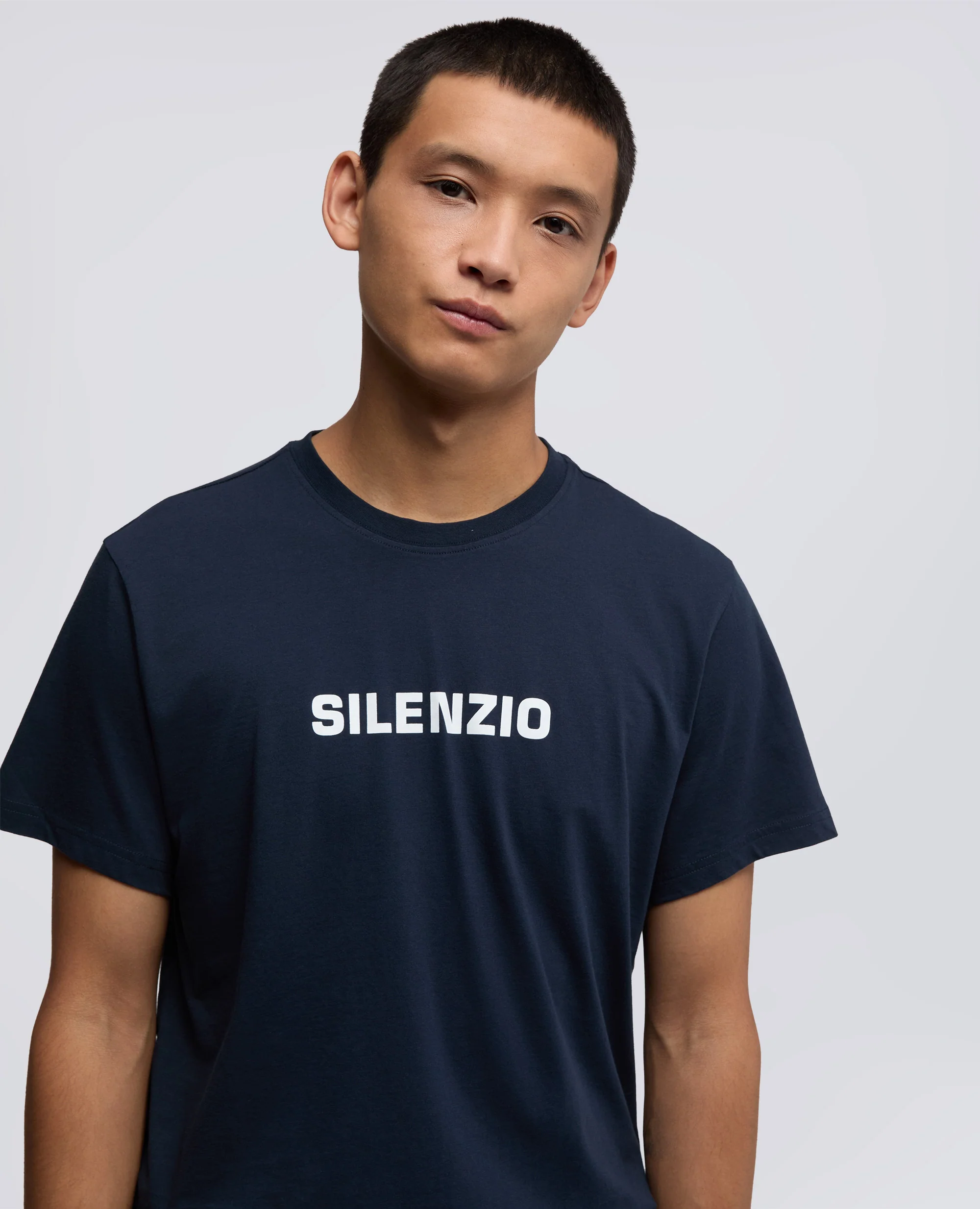 T-SHIRT IN JERSEY DI COTONE CON STAMPA -SILENZIO- - NAVY - Image 4