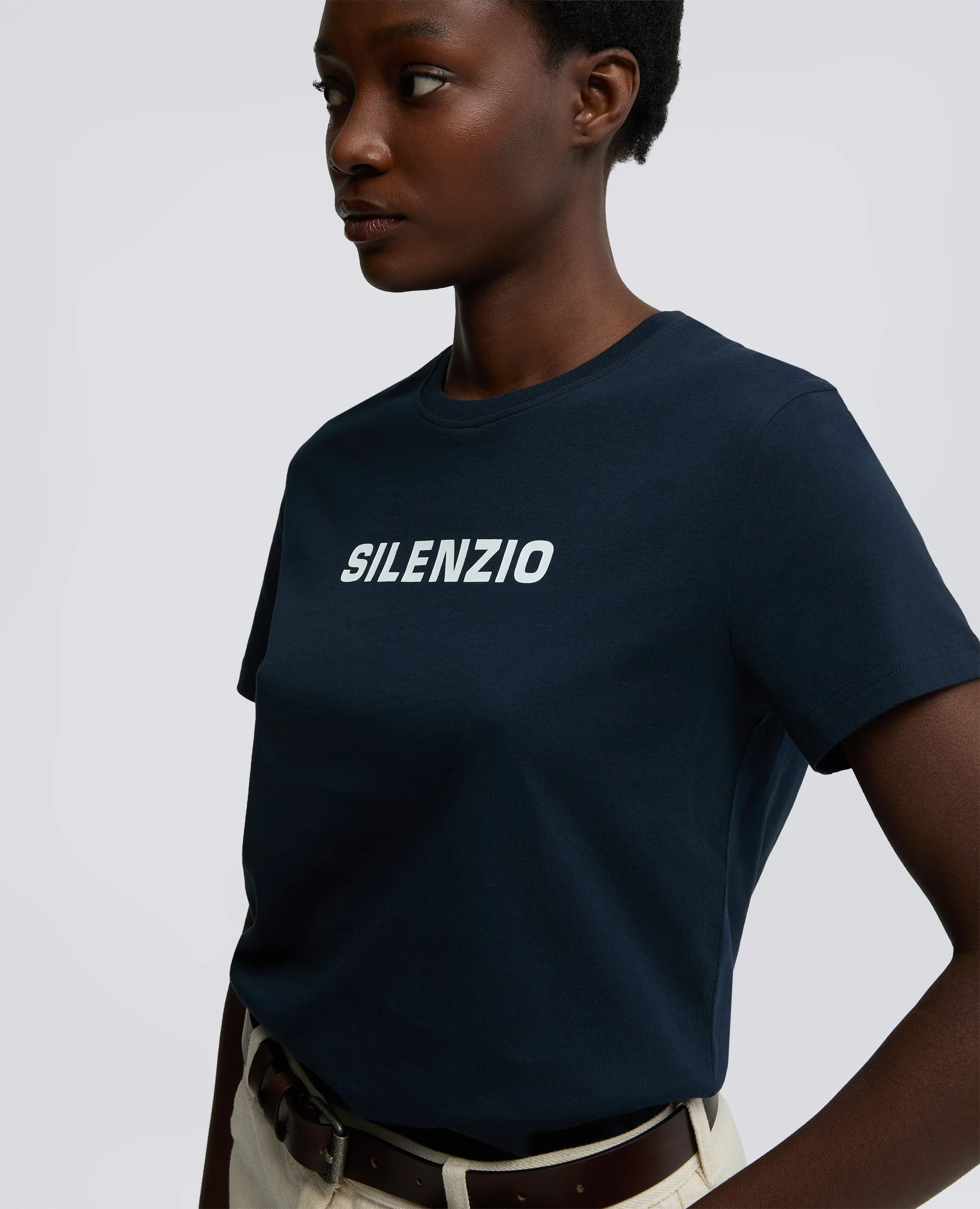T-SHIRT IN JERSEY DI COTONE CON STAMPA -SILENZIO- - NAVY - Image 4