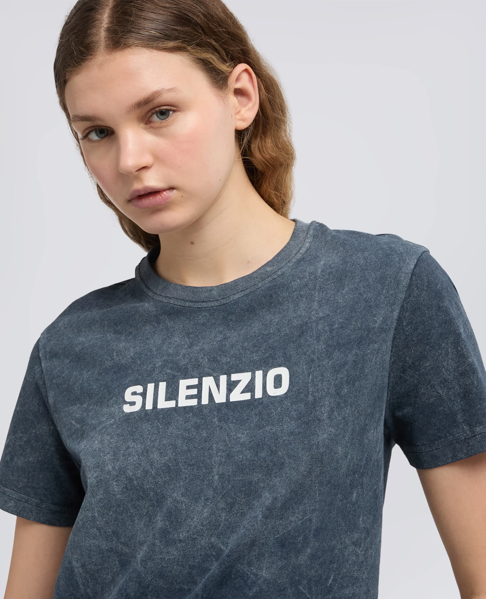 T-SHIRT IN JERSEY DI COTONE CON STAMPA -SILENZIO- - NAVY SHADY - Image 4